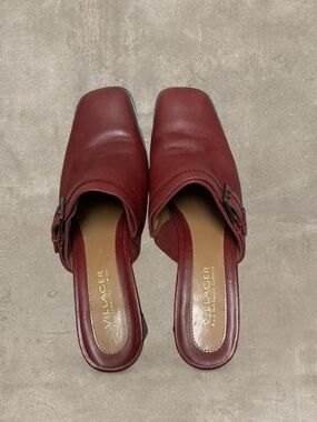 Villager Red Leather Mule Heels Womens Size 8M Square Toe Slip On Clogs